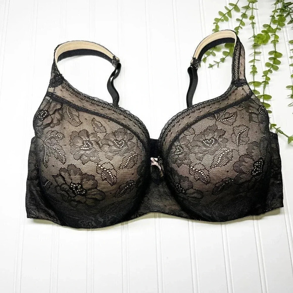Cacique - Lane Bryant Black & Cream Lace Lightly Lined Balconette Bra 42DDD - Picture 1 of 5